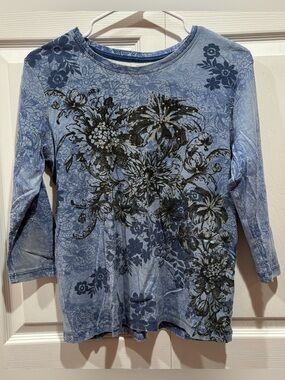 NICOLE MILLER Women’s Y2K Floral Grunge 3/4 Sleeve Tee Shirt Top - blue, size S